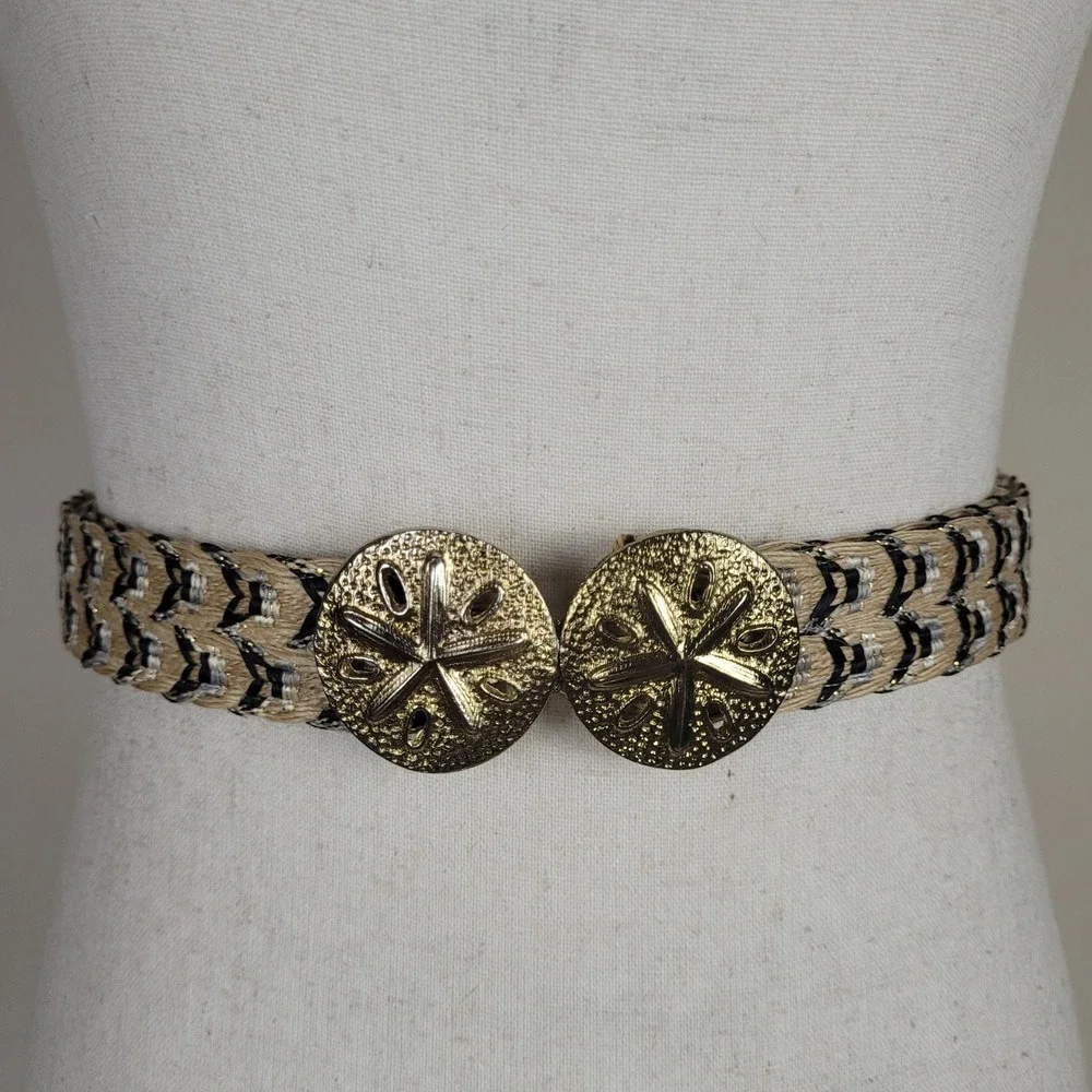 VTG Woven Raffia Belt OS Gold Sand Dollar Buckle Coastal Boho Nautical Coastal
